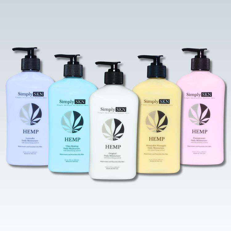 Hemp Lotion Collection from Simply SKN. Variety of hydrating and moisturizing body lotions made with pure hemp seed oil.